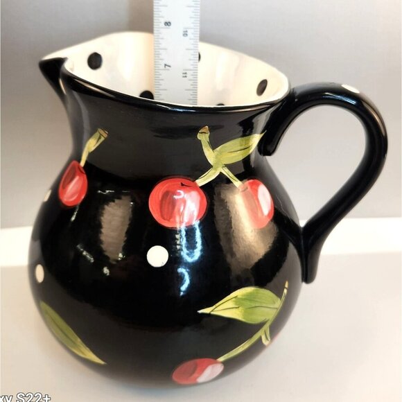 Tabletops Gallery Boulevard Hand Painted Black Ceramic Pitcher With Cherry & Pol - Picture 4 of 8